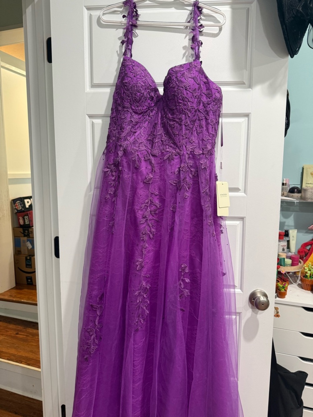 A-line V neck Sweep Train Tulle Prom Dress with Appliquéd Beading